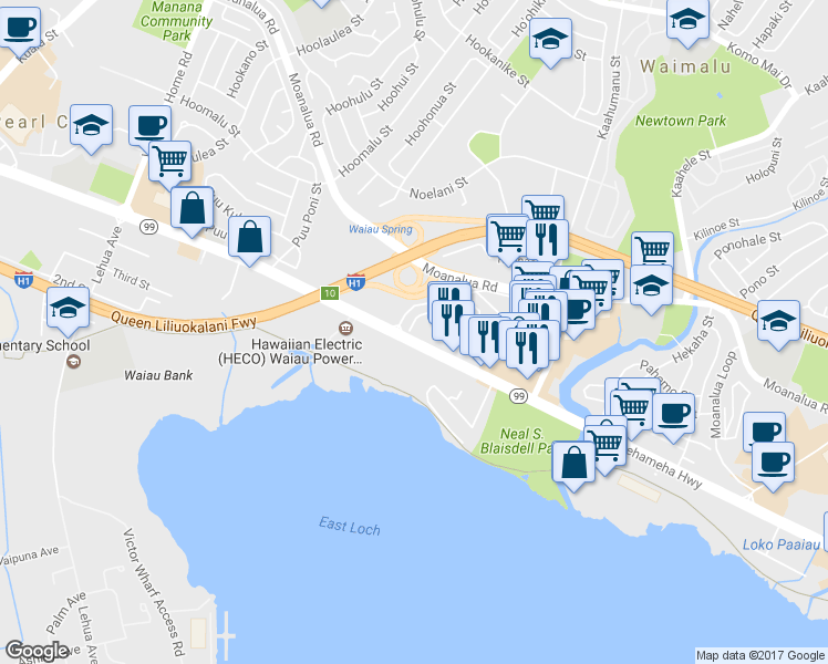 map of restaurants, bars, coffee shops, grocery stores, and more near 98-5 Kuleana Place in Pearl City