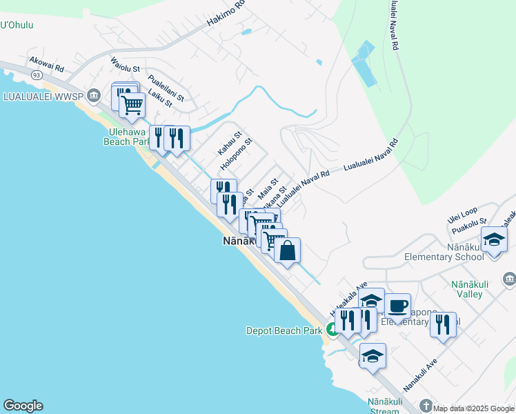 map of restaurants, bars, coffee shops, grocery stores, and more near 87-223 Maia Street in Waianae