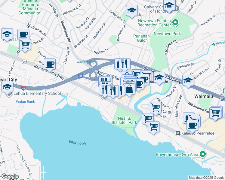 map of restaurants, bars, coffee shops, grocery stores, and more near 98-171 Kauhihau Place in Pearl City