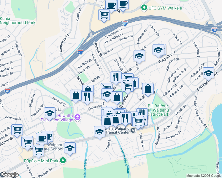 map of restaurants, bars, coffee shops, grocery stores, and more near 94485 Koaki Street in Waipahu