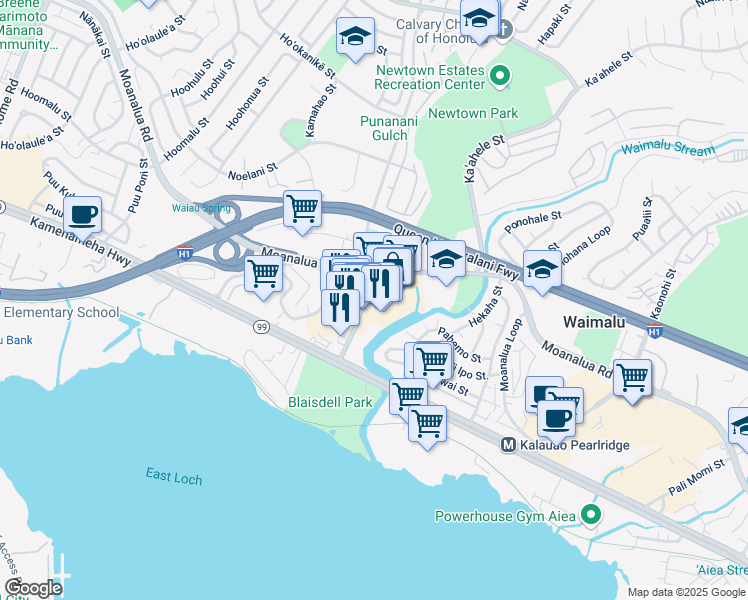 map of restaurants, bars, coffee shops, grocery stores, and more near 98-1277 Kaʻahumanu Street in Aiea