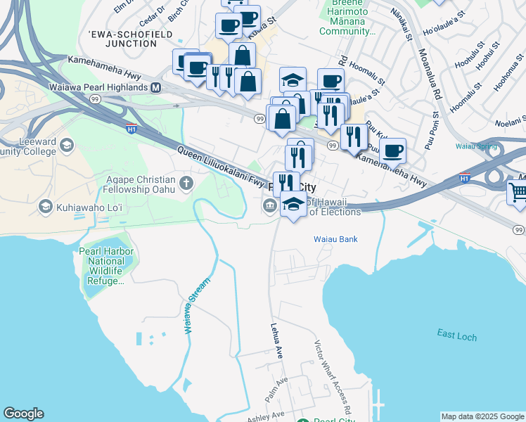 map of restaurants, bars, coffee shops, grocery stores, and more near 802 Hugh Street in Pearl City