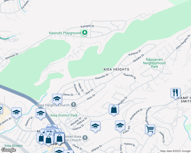 map of restaurants, bars, coffee shops, grocery stores, and more near 98-1074 Kaamilo Street in Aiea