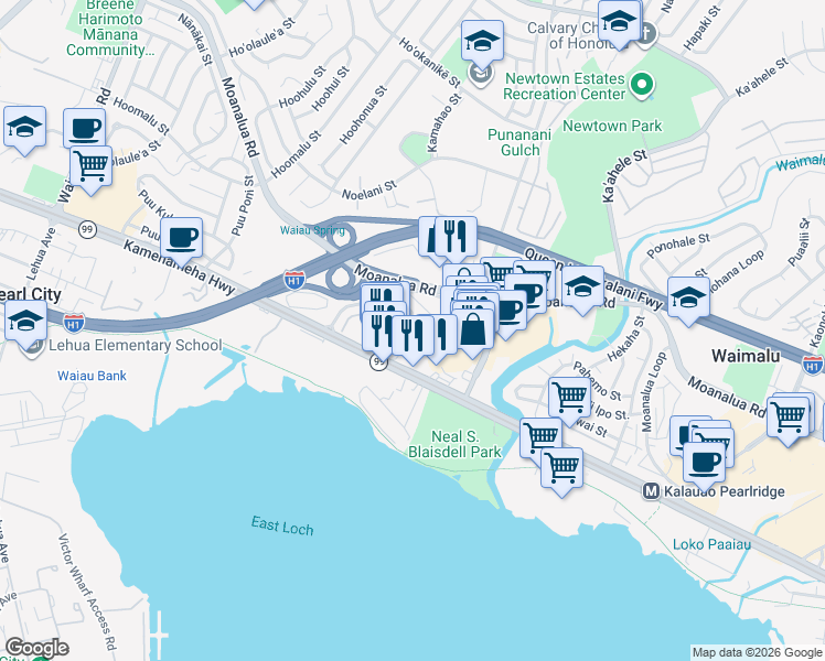 map of restaurants, bars, coffee shops, grocery stores, and more near 98-153 Kauhihau Place in Pearl City