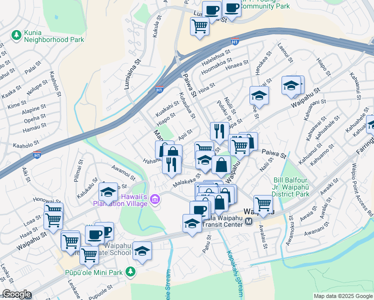 map of restaurants, bars, coffee shops, grocery stores, and more near 94-821 Kuhaulua Street in Waipahu