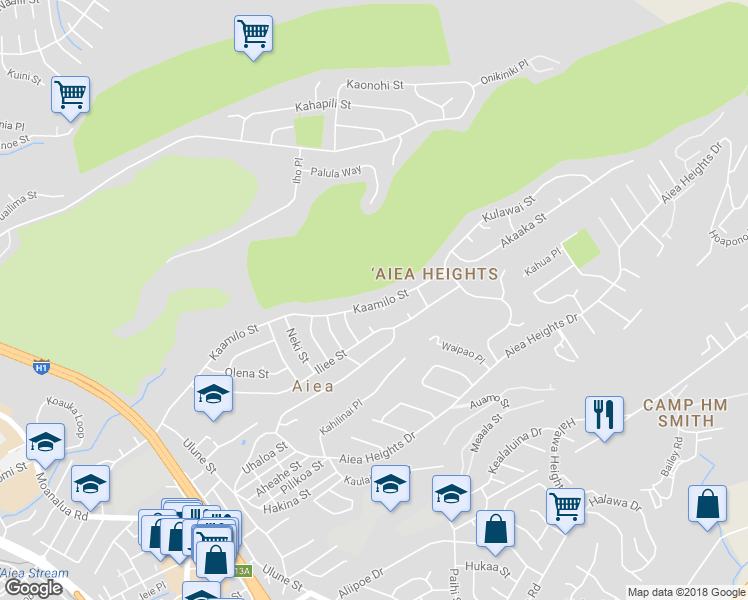 map of restaurants, bars, coffee shops, grocery stores, and more near 98-1074 Kaamilo Street in Aiea