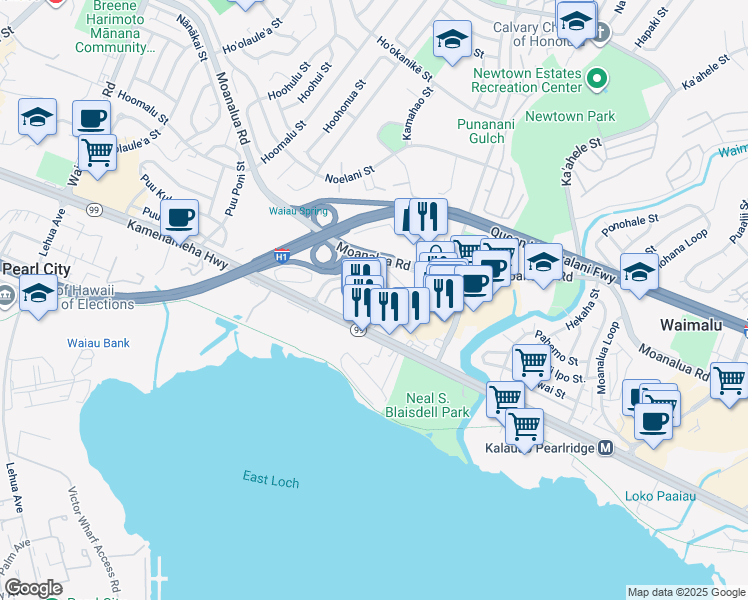map of restaurants, bars, coffee shops, grocery stores, and more near 98-155 Kaulike Drive in Pearl City