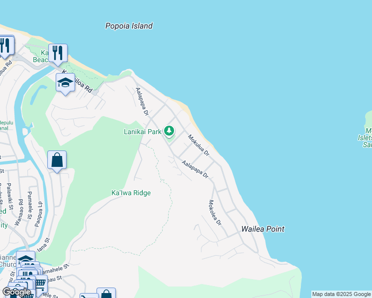 map of restaurants, bars, coffee shops, grocery stores, and more near 136 Haokea Drive in Kailua