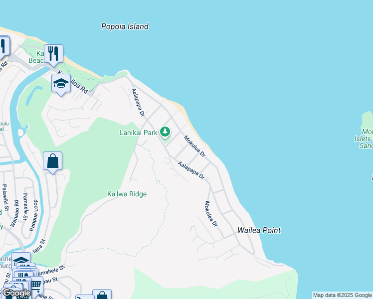 map of restaurants, bars, coffee shops, grocery stores, and more near 119 Haokea Drive in Kailua