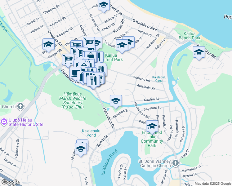 map of restaurants, bars, coffee shops, grocery stores, and more near 1015 Aoloa Place in Kailua