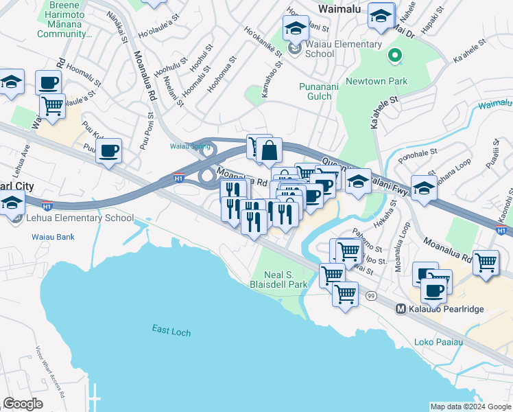 map of restaurants, bars, coffee shops, grocery stores, and more near 98-161 Kauhihau Place in Pearl City