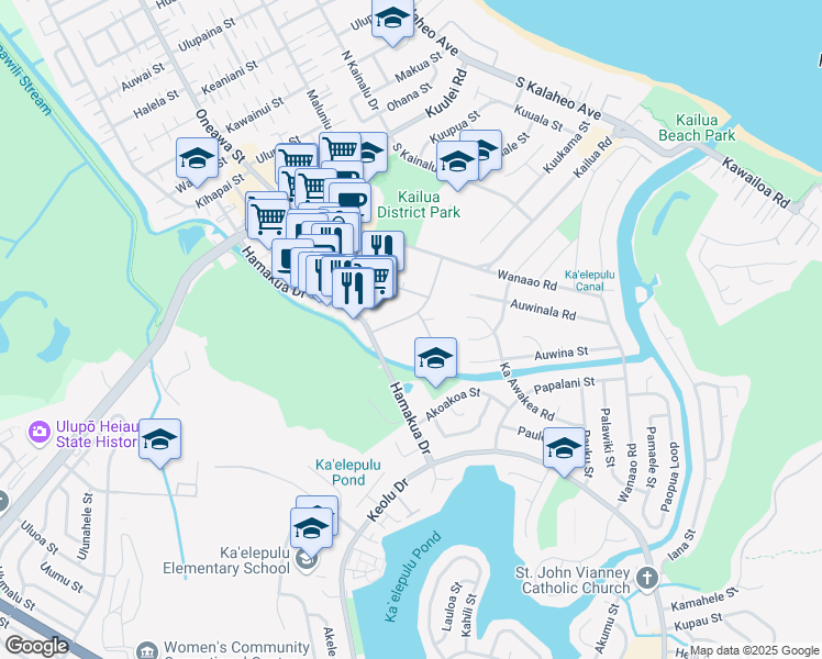 map of restaurants, bars, coffee shops, grocery stores, and more near 355 Aoloa Street in Kailua