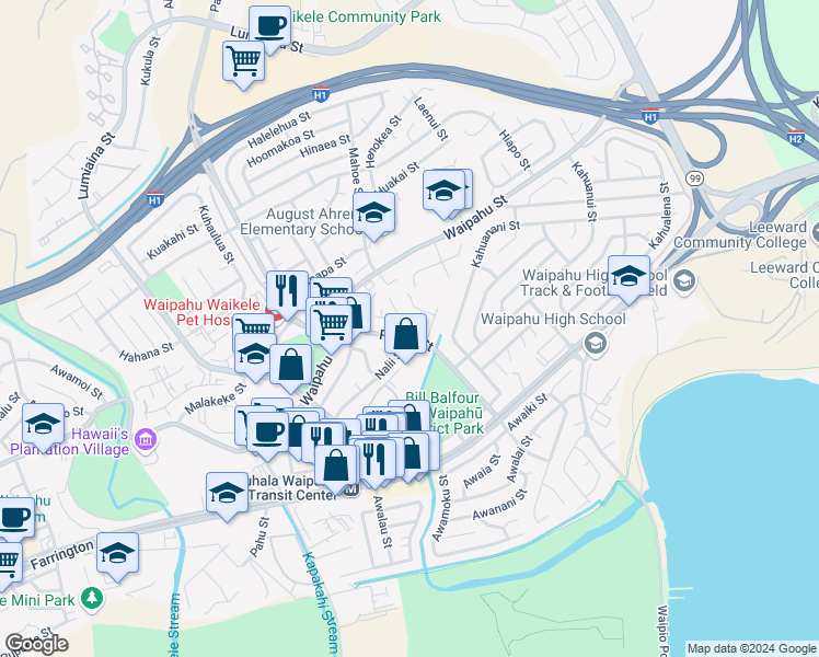 map of restaurants, bars, coffee shops, grocery stores, and more near 94-1110 Hilihua Place in Waipahu