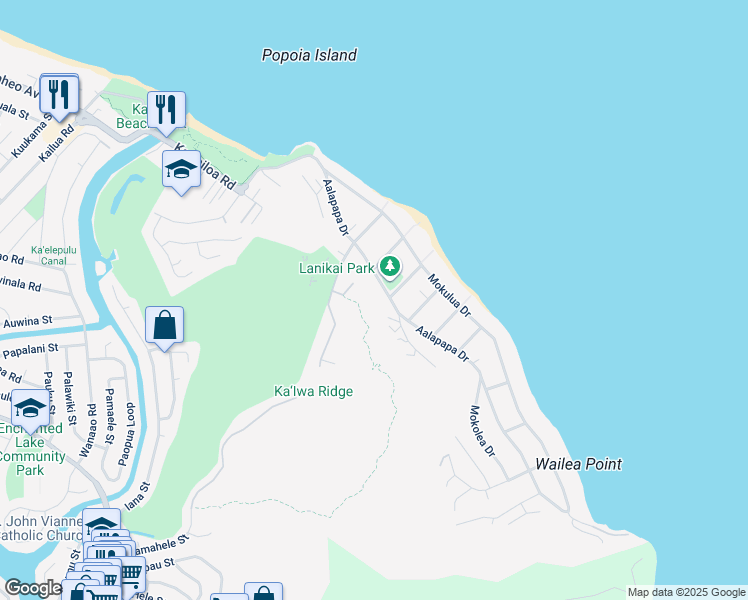 map of restaurants, bars, coffee shops, grocery stores, and more near 1001 Koohoo Place in Kailua