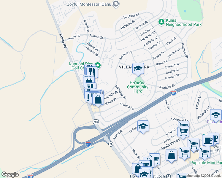 map of restaurants, bars, coffee shops, grocery stores, and more near 94-699 Kupuna Loop in Waipahu