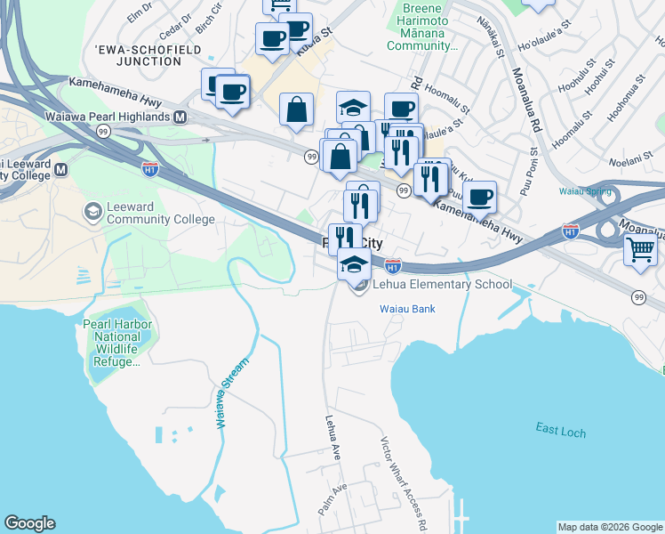 map of restaurants, bars, coffee shops, grocery stores, and more near 914 A Road in Pearl City