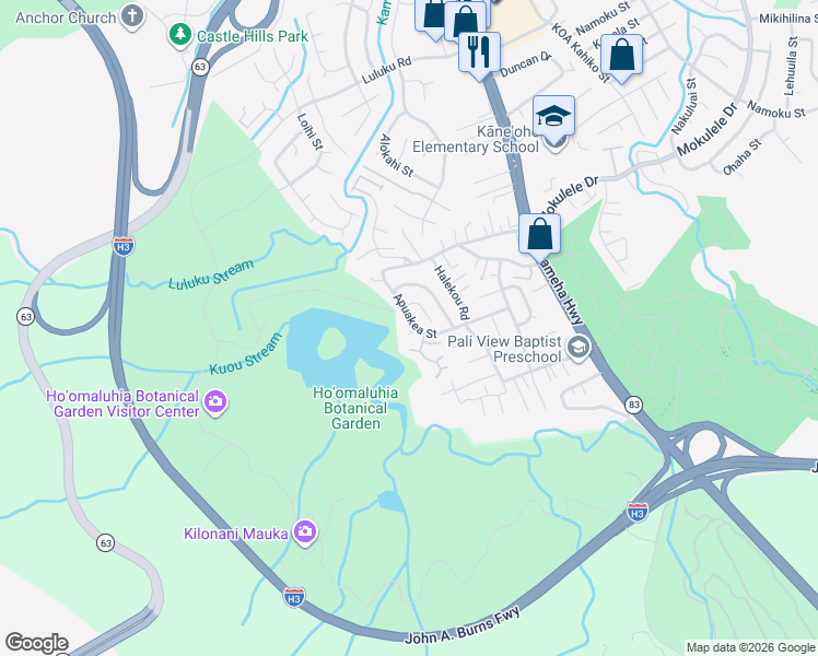 map of restaurants, bars, coffee shops, grocery stores, and more near 45-642 Apuakea Street in Kaneohe