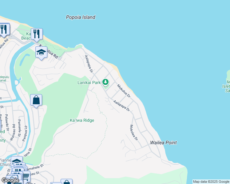 map of restaurants, bars, coffee shops, grocery stores, and more near 136 Haokea Drive in Kailua
