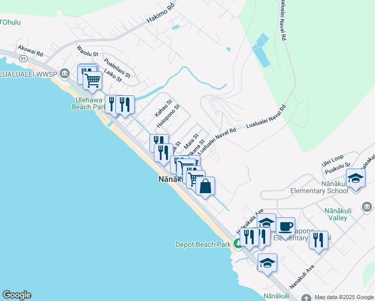 map of restaurants, bars, coffee shops, grocery stores, and more near 87-223 Maia Street in Waianae