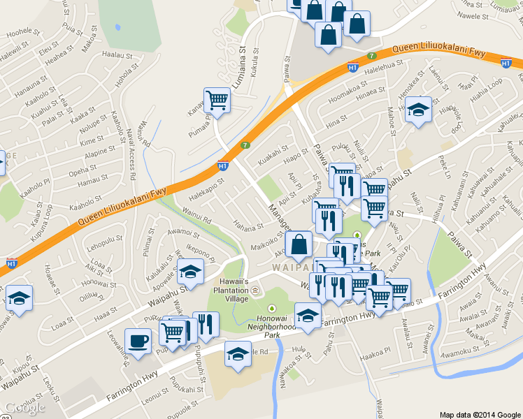 map of restaurants, bars, coffee shops, grocery stores, and more near 94-524 Halekuai Place in Waipahu