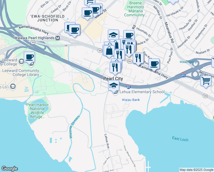 map of restaurants, bars, coffee shops, grocery stores, and more near 914 A Road in Pearl City