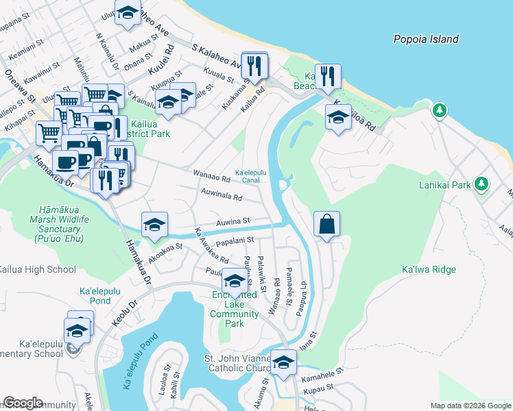 map of restaurants, bars, coffee shops, grocery stores, and more near 395 Auwinala Road in Kailua