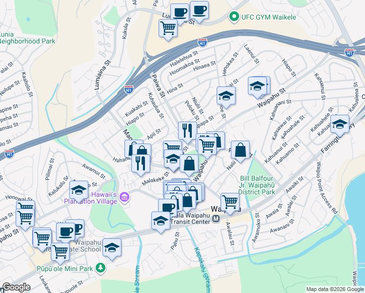 map of restaurants, bars, coffee shops, grocery stores, and more near 94485 Koaki Street in Waipahu