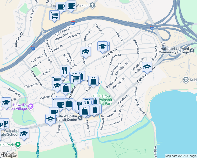 map of restaurants, bars, coffee shops, grocery stores, and more near 94-1110 Hilihua Place in Waipahu