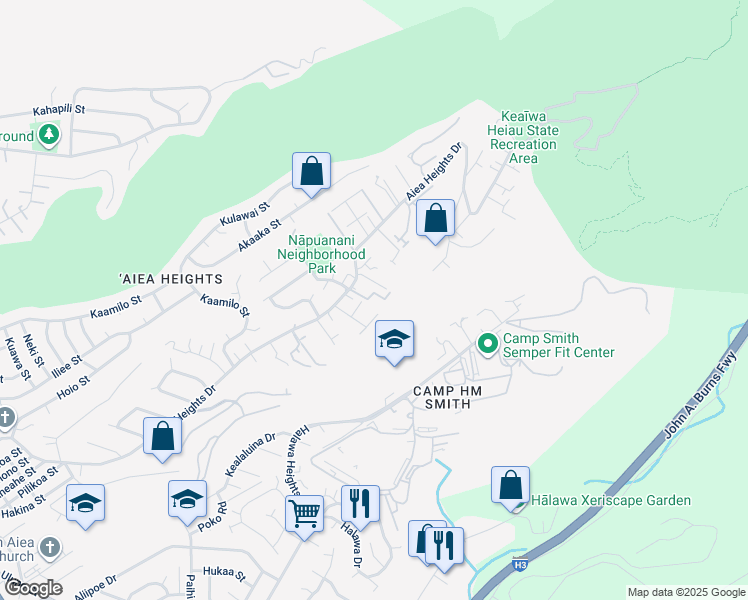 map of restaurants, bars, coffee shops, grocery stores, and more near 99-139 Napuanani Road in Aiea