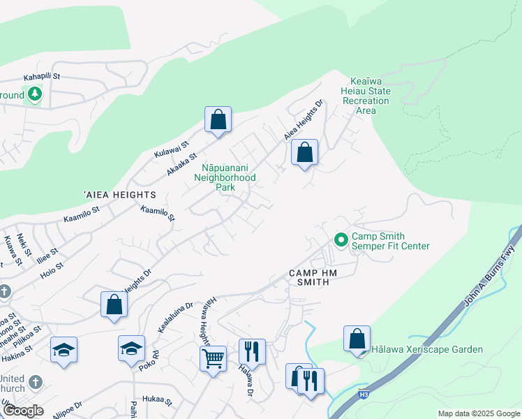 map of restaurants, bars, coffee shops, grocery stores, and more near 99-139 Napuanani Road in Aiea