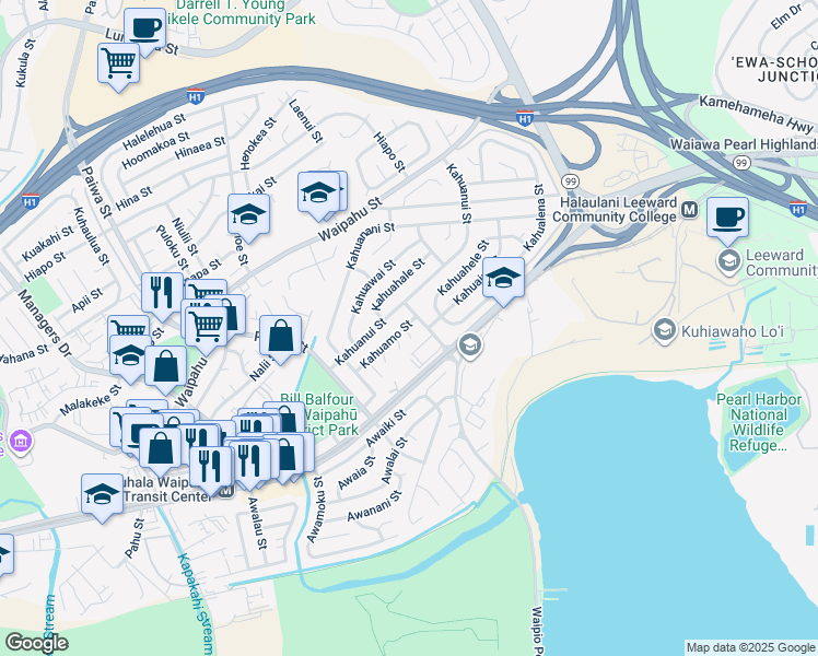 map of restaurants, bars, coffee shops, grocery stores, and more near 94-231 Kahuamo Place in Waipahu