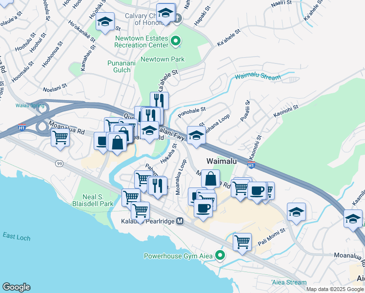 map of restaurants, bars, coffee shops, grocery stores, and more near 98-879 Moanalua Road in Aiea