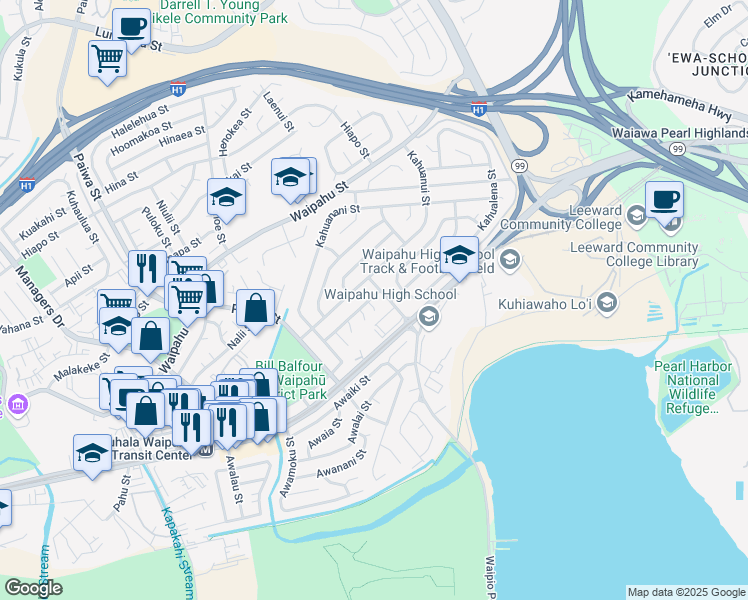 map of restaurants, bars, coffee shops, grocery stores, and more near 94-231 Kahuamo Place in Waipahu