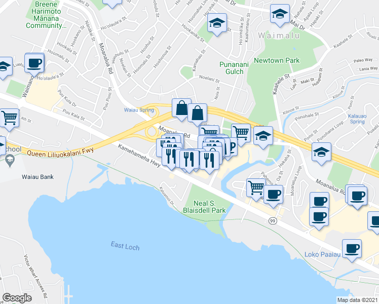 map of restaurants, bars, coffee shops, grocery stores, and more near 98-153 Kauhihau Pl in Pearl City