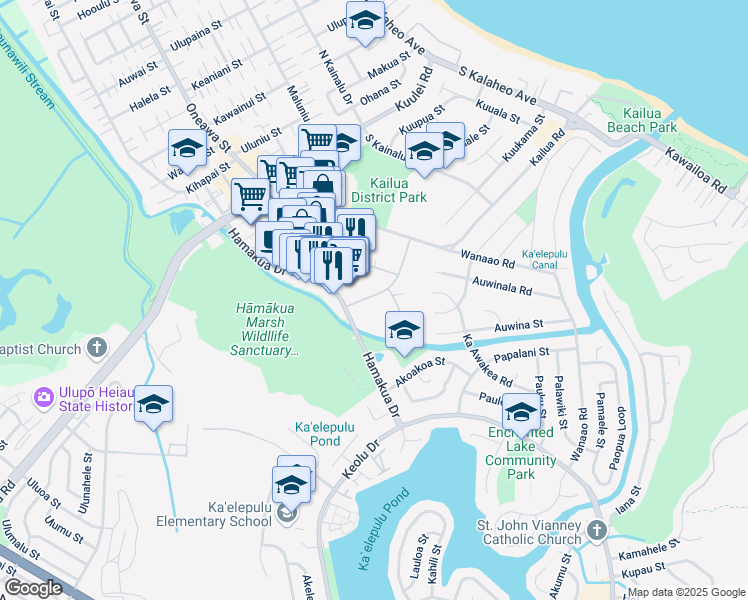 map of restaurants, bars, coffee shops, grocery stores, and more near 355 Aoloa Street in Kailua