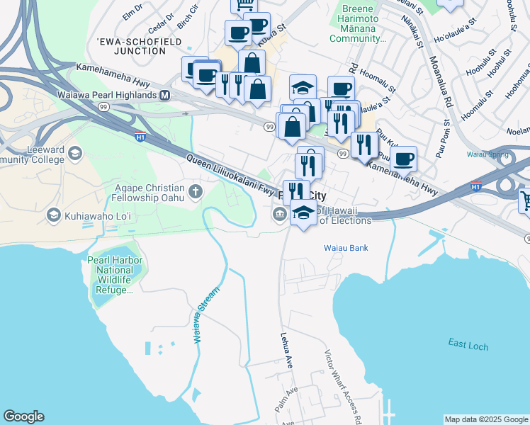 map of restaurants, bars, coffee shops, grocery stores, and more near 802 Hugh Street in Pearl City