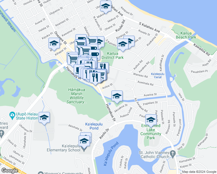 map of restaurants, bars, coffee shops, grocery stores, and more near 355 Aoloa Street in Kailua