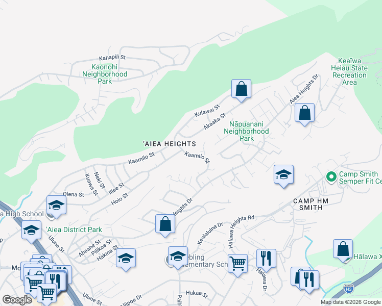 map of restaurants, bars, coffee shops, grocery stores, and more near 99-30 Kaamilo Street in Aiea