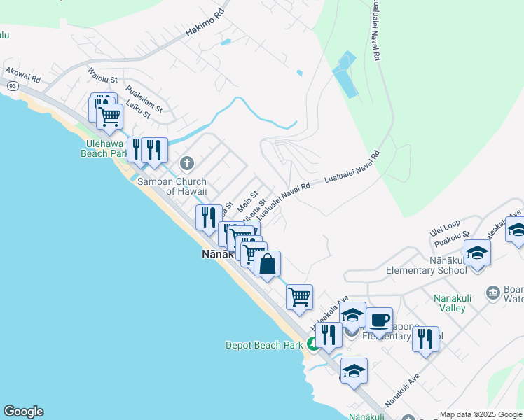 map of restaurants, bars, coffee shops, grocery stores, and more near 87-255 Mikana Street in Waianae