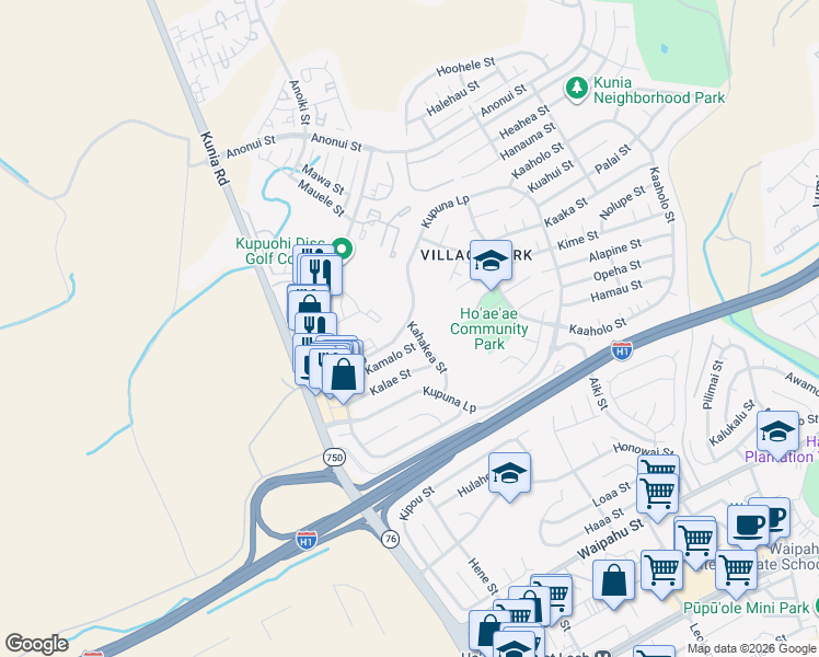 map of restaurants, bars, coffee shops, grocery stores, and more near 94-699 Kupuna Loop in Waipahu