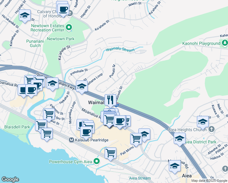 map of restaurants, bars, coffee shops, grocery stores, and more near 98-342 Kaonohi Street in Aiea