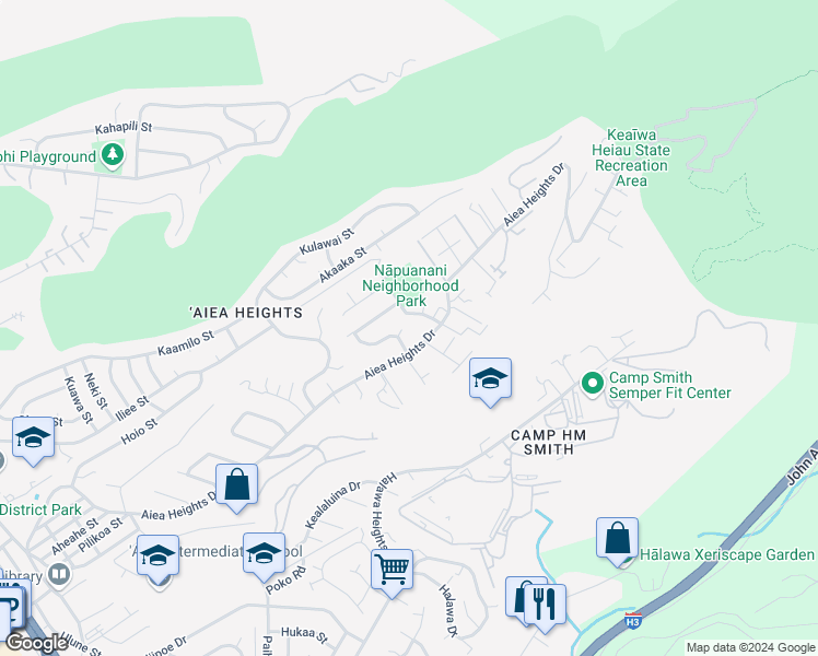 map of restaurants, bars, coffee shops, grocery stores, and more near 99-1061 Manako Place in Aiea