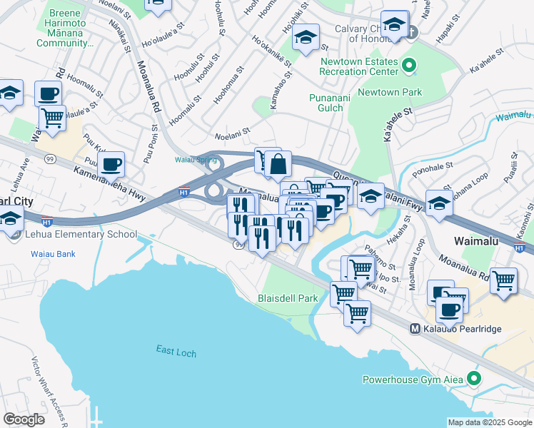 map of restaurants, bars, coffee shops, grocery stores, and more near 98-153 Kauhihau Place in Pearl City