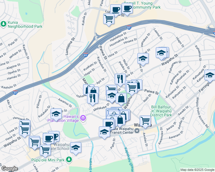 map of restaurants, bars, coffee shops, grocery stores, and more near 94-821 Kuhaulua Street in Waipahu