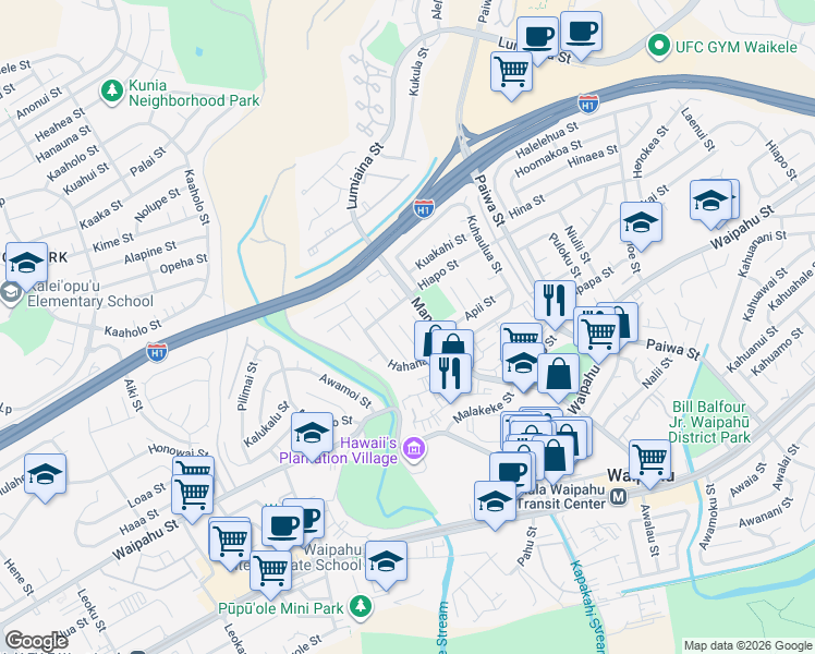 map of restaurants, bars, coffee shops, grocery stores, and more near 94-524 Halekuai Place in Waipahu