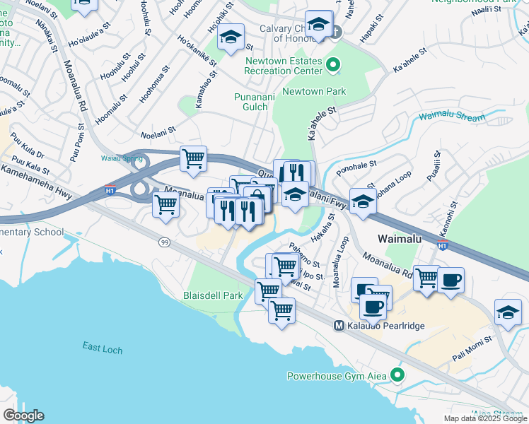 map of restaurants, bars, coffee shops, grocery stores, and more near 98-1277 Kaʻahumanu Street in Aiea