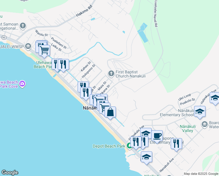 map of restaurants, bars, coffee shops, grocery stores, and more near 87-255 Mikana Street in Waianae