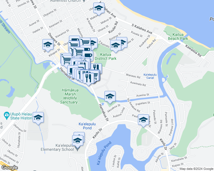 map of restaurants, bars, coffee shops, grocery stores, and more near 355 Aoloa Street in Kailua