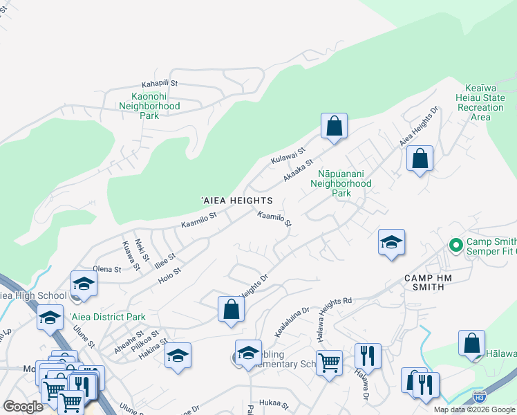 map of restaurants, bars, coffee shops, grocery stores, and more near 99-30 Kaamilo Street in Aiea