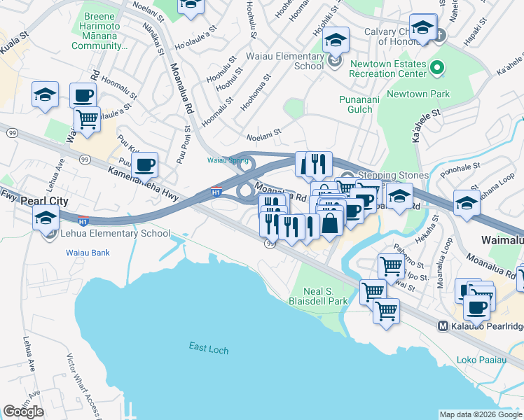 map of restaurants, bars, coffee shops, grocery stores, and more near 98-155 Kaulike Drive in Pearl City